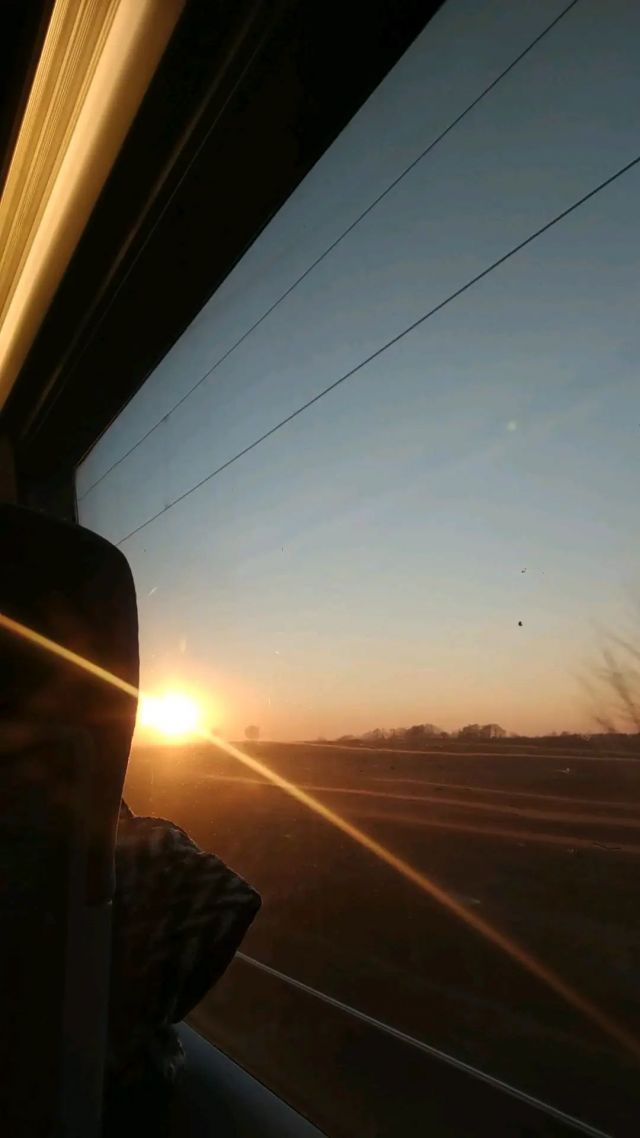 Blick aus dem Zugfenster auf die untergehende Sonne